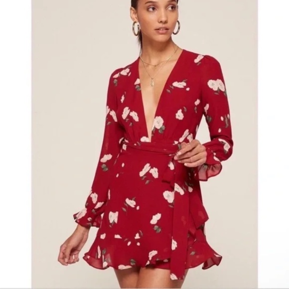 Reformation Whitby Floral Mini Wrap Dress in Opal Print Medium - Picture 2 of 14